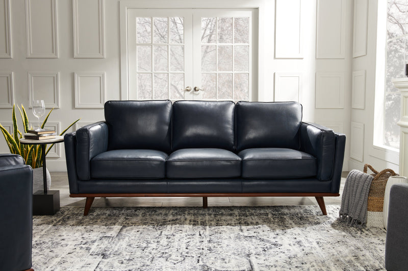 Vivia 86\" Genuine Leather Sofa with Removable Seat Cushions and Wood Base - Navy Blue