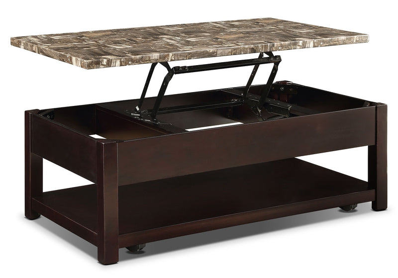 Sicily 48\" Traditional Lift Top Coffee Table With Storage, Shelf and Casters - Dark Brown  with Mable Look Top