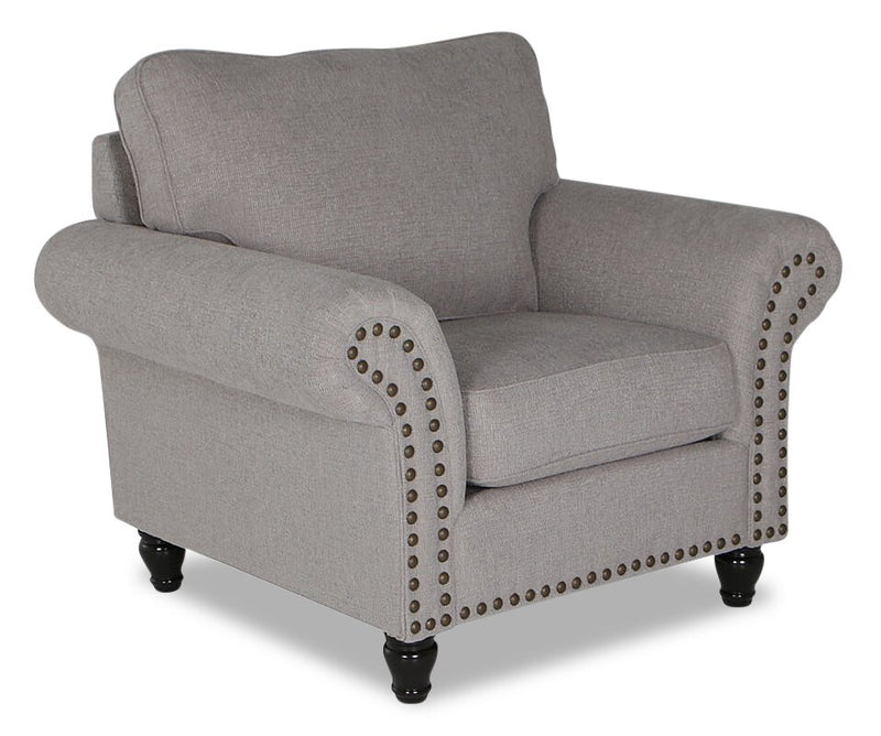 Made in Canada Wynn 47\" Chenille Fabric Chair with Nailhead Trim and Wood Bun Legs - Grey