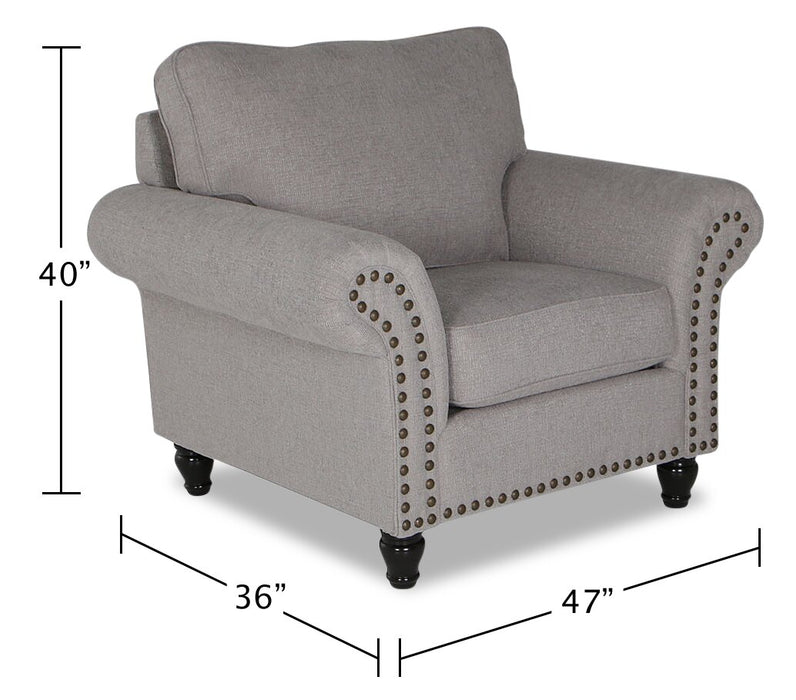 Made in Canada Wynn 47\" Chenille Fabric Chair with Nailhead Trim and Wood Bun Legs - Grey