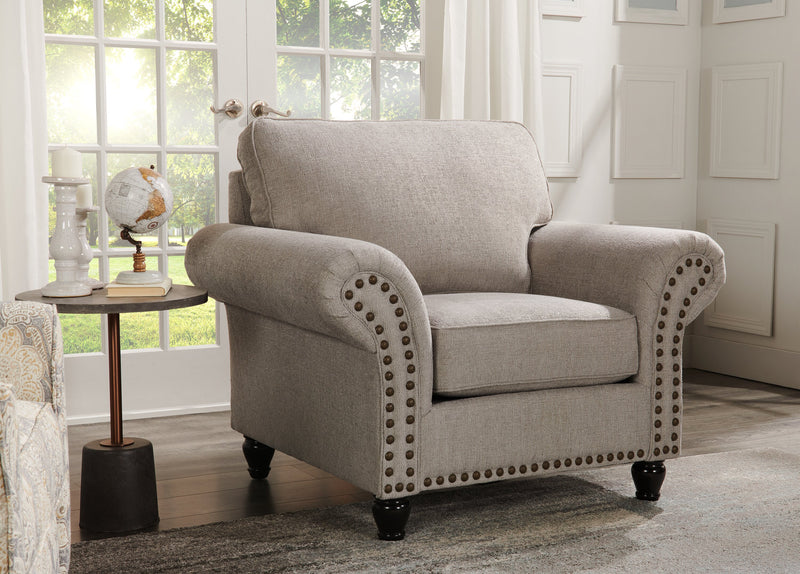 Made in Canada Wynn 47\" Chenille Fabric Chair with Nailhead Trim and Wood Bun Legs - Grey