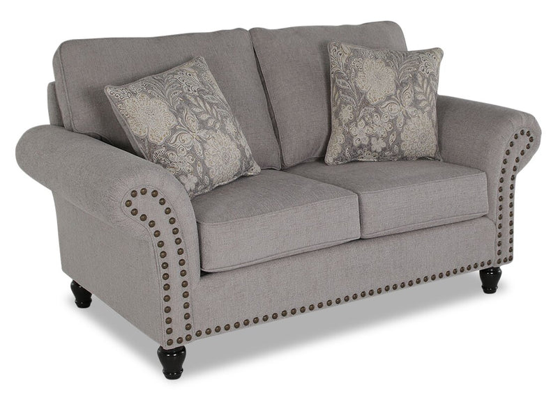 Made in Canada Wynn 70\" Chenille Fabric Loveseat with Nailhead Trim and Wood Bun Legs - Grey