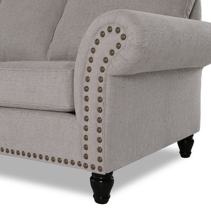 Made in Canada Wynn 70\" Chenille Fabric Loveseat with Nailhead Trim and Wood Bun Legs - Grey