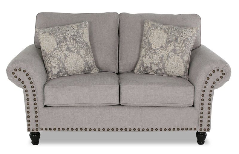 Made in Canada Wynn 70\" Chenille Fabric Loveseat with Nailhead Trim and Wood Bun Legs - Grey