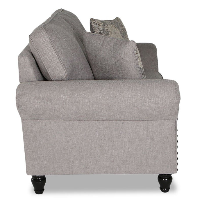 Made in Canada Wynn 70\" Chenille Fabric Loveseat with Nailhead Trim and Wood Bun Legs - Grey