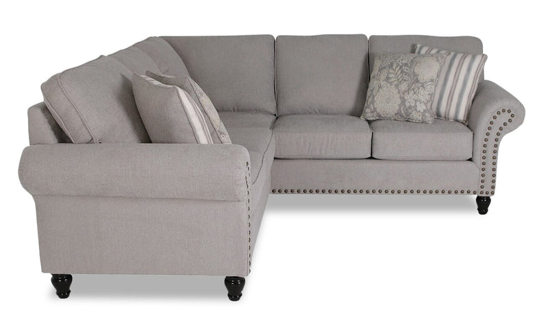 Made in Canada Wynn 2-Piece Chenille Fabric Sectional with Nailhead Trim and Wood Bun Legs - Grey