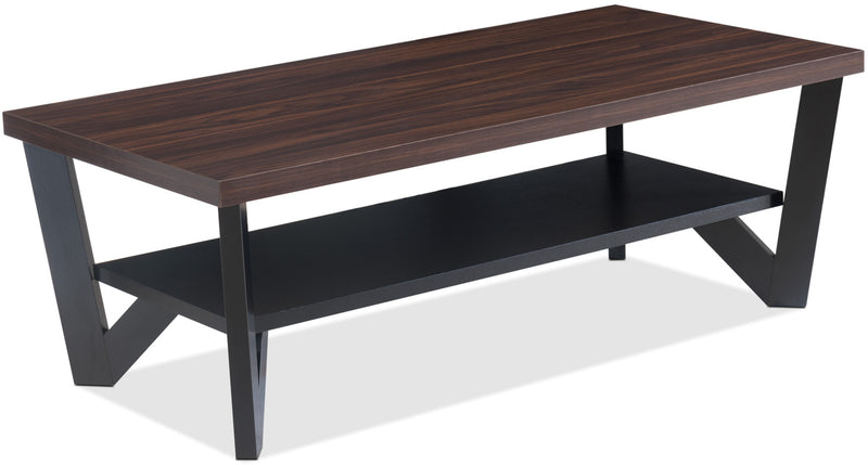 Arika 47.5\" Modern 3-Pack Coffee + 2 End Tables with Shelf - Dark Walnut annd Black