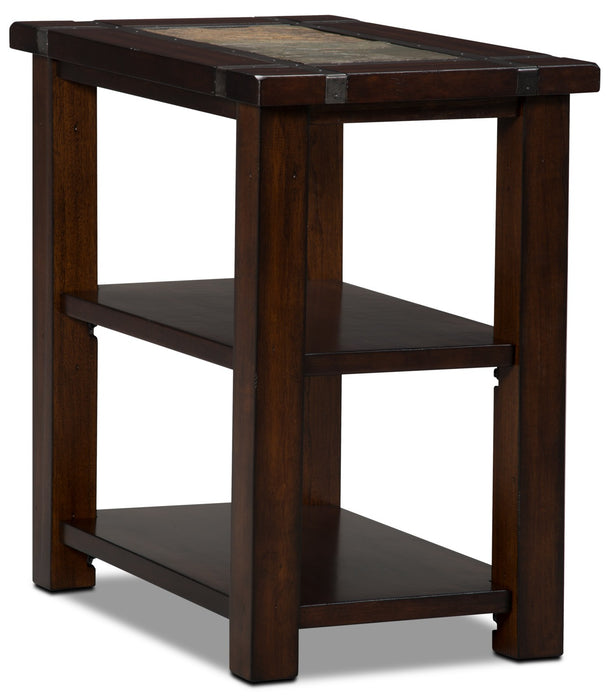 Roanoke 16\" Rustic Chairside Table with Shelf - Dark Cherry Wood and Slate Inlay