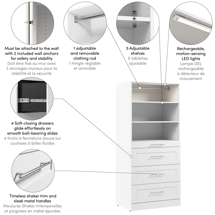Bestar Florence 35\" Modular Reach-In/Walk-In Closet System with LED Light and Storage - White