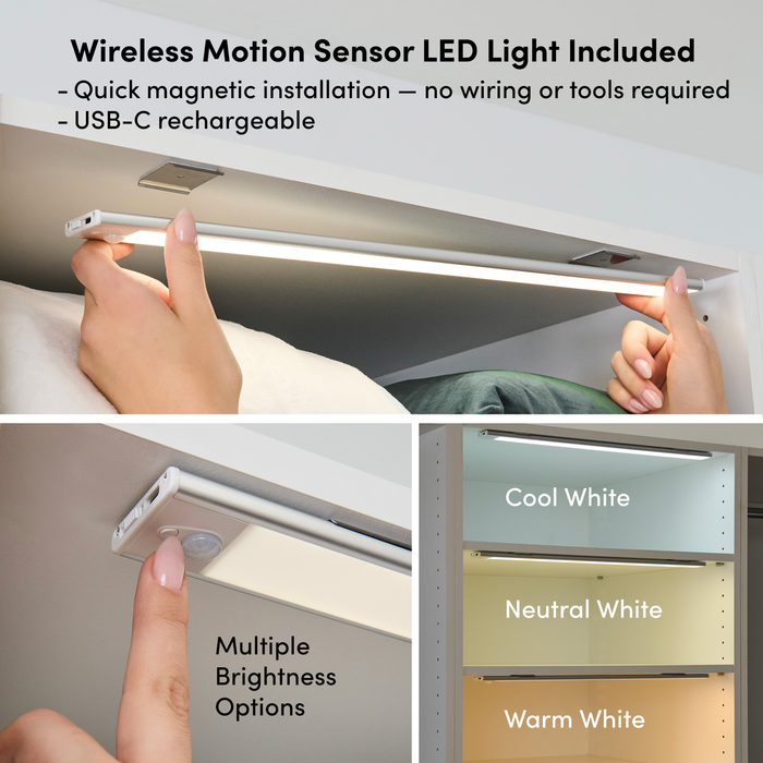 Bestar Florence 107\" Modular Walk-In Closet System With LED Lights, Rods, Shelves and Drawers Slab Style - White