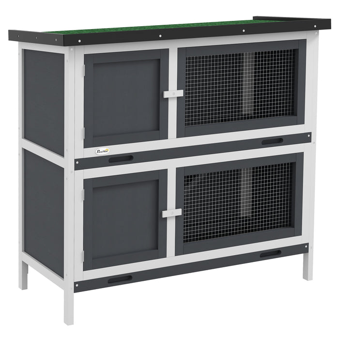 Pawhut Rabbit Hutch, Wooden 2 Tier Bunny Guinea Pig Cage With Openable Top, Slide-out Tray, Ramp, Asphalt Roof, For 2 Rabbits Outdoor Backyard Use, Grey