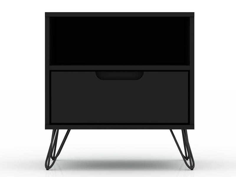 Manhattan Comfort Rockefeller Mid-Century Modern Nightstand with Drawer - Black
