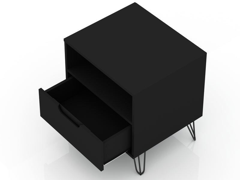 Manhattan Comfort Rockefeller Mid-Century Modern Nightstand with Drawer - Black