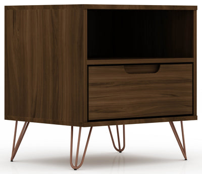 Manhattan Comfort Rockefeller Mid-Century Modern Nightstand with Drawer - Brown|Table de nuit Rockefeller de Manhattan Comfort de style moderne du milieu du 20e siècle avec tiroir - brune