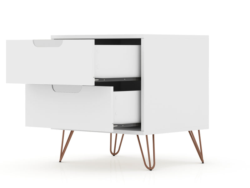 Manhattan Comfort Rockefeller Mid-Century Modern Nightstand with 2 Drawers - White