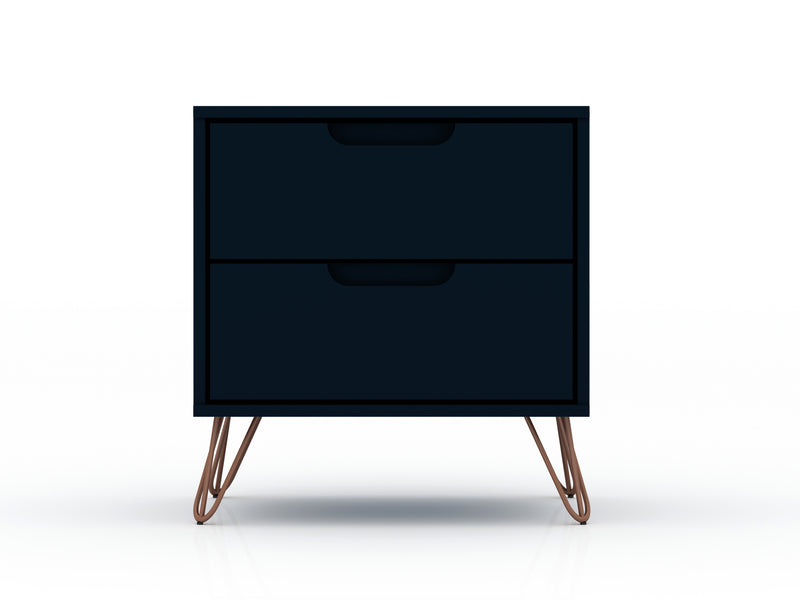 Manhattan Comfort Rockefeller Mid-Century Modern Nightstand with 2-Drawers - Tatiana Midnight Blue
