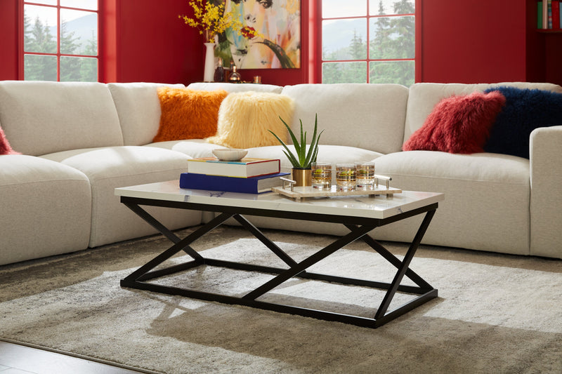 Verona 47.25\" Modern Coffee Table - White Marble Look with Black Metal Base