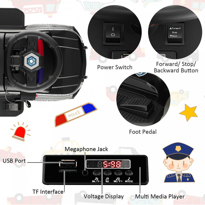 2-in-1 6v Kids Ride On Police Car Toddler Push Car W/ Megaphone & Siren Black
