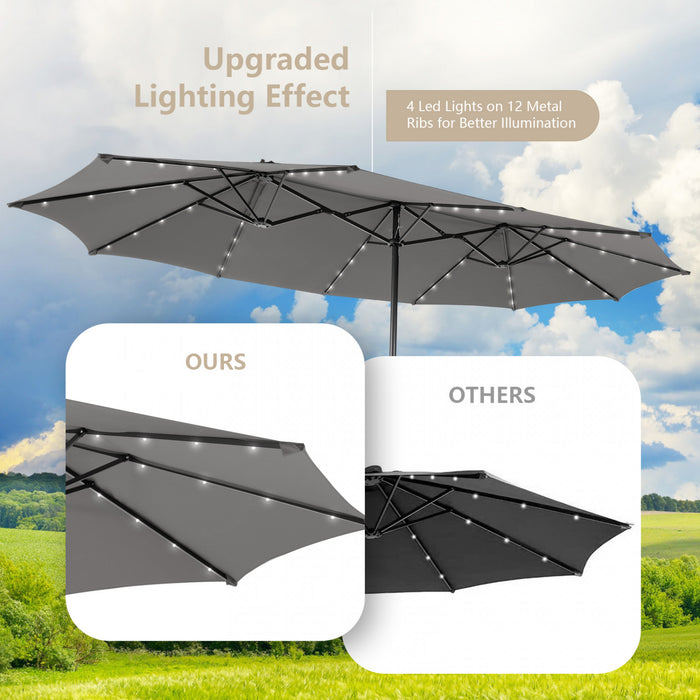 Costway 15Ft Patio Double-Sided Solar LED Market Umbrella Crank 36 Lights Base Grey