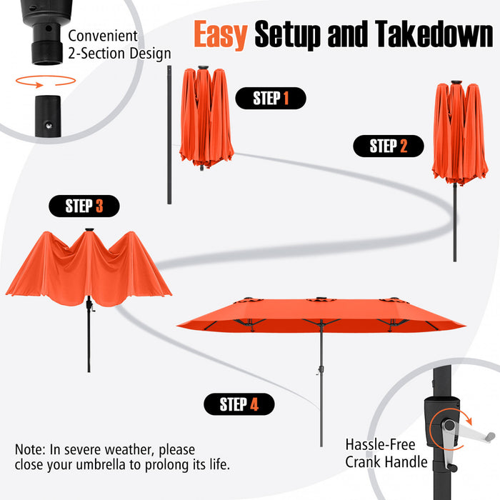Costway 15.5 FT Extra-Large Patio Umbrella with LED Solar Lights & 12 Heavy-Duty Ribs Orange