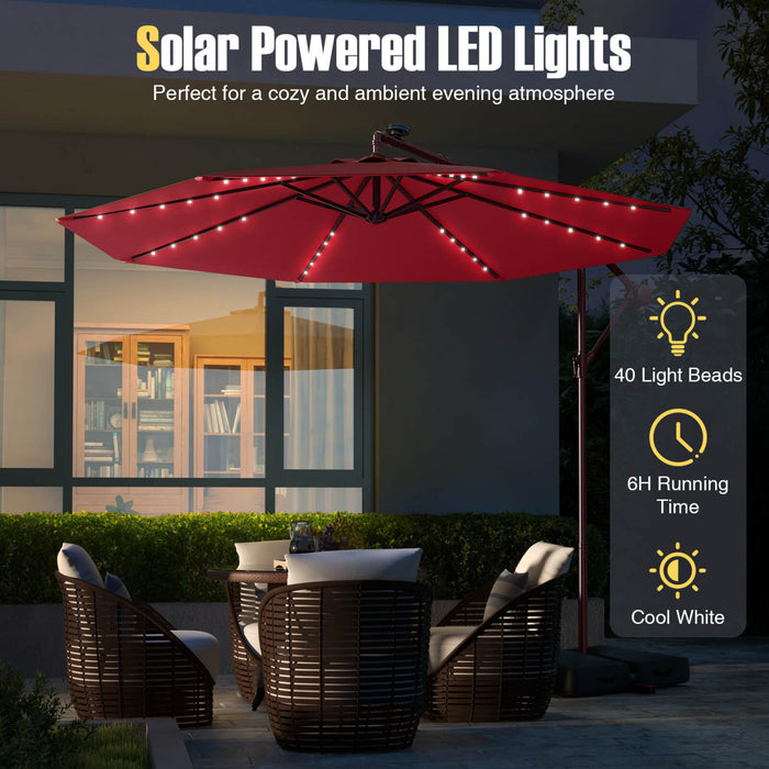 Costway Patio 10FT Hanging Offset Umbrella 32 LED Lights Sand Bag Outdoor Cross Base Wine