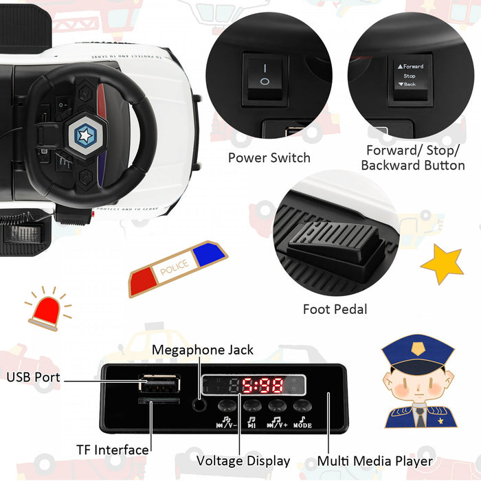 2-in-1 6v Kids Ride On Police Car Toddler Push Car W/ Megaphone & Siren White