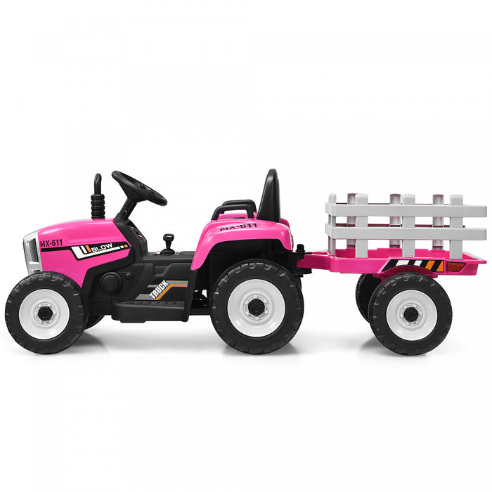 Costway 12v Kids Ride On Tractor With Trailer Ground Loader W/ Rc & Lights Pink