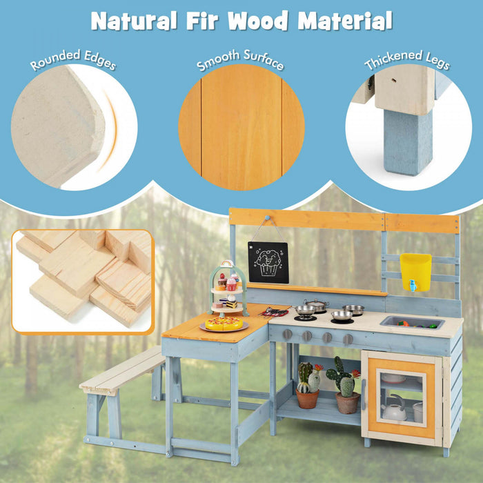 Costway Mud Kitchen With Kids Picnic Table Built-in Bench Blackboard Water Box Sink