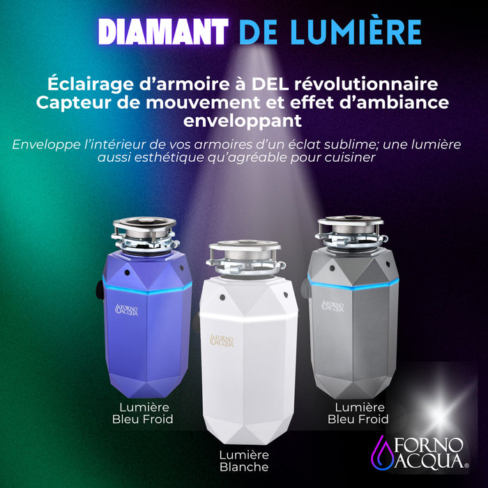 BrightDIAMOND 1HP Quietest Waste Disposer, LED Cabinet Light, Corded & Air Switch, MoonStone - WDD100TA2MS Food Disposer