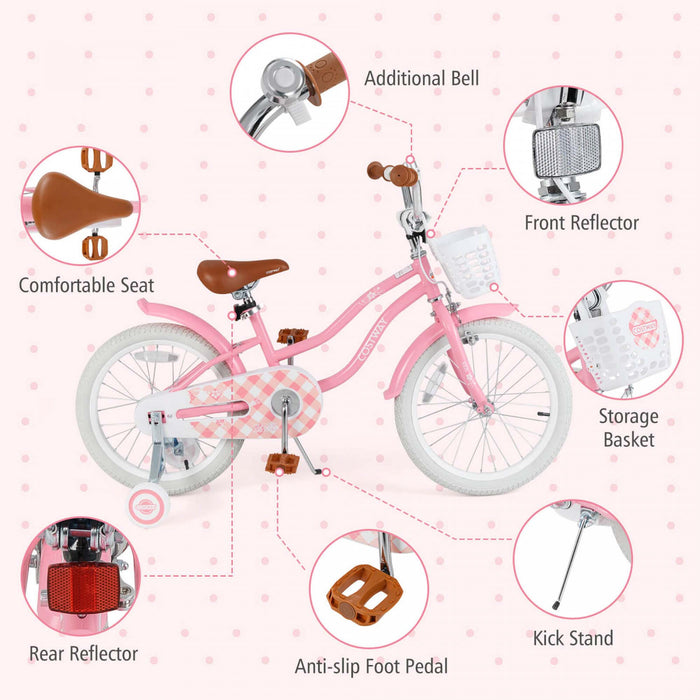 Costway 18\" Kids Bike Toddler Bicycle Withtraining Wheel Kickstand For 4-8 Years Old Girl Red