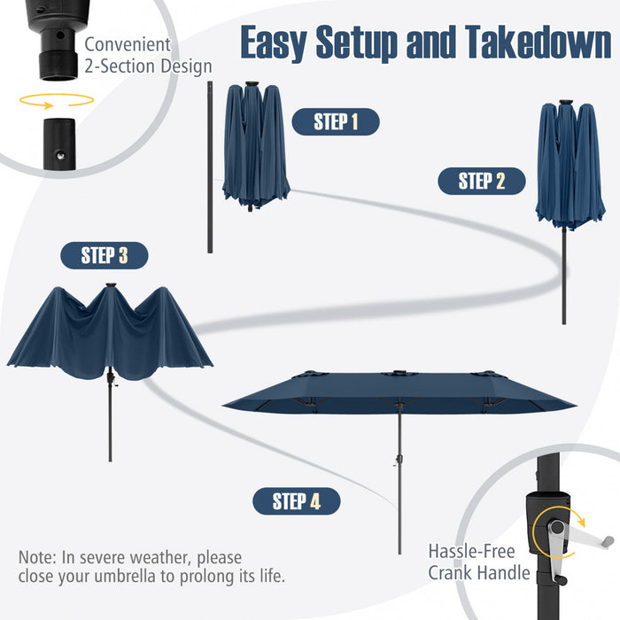Costway 15.5 FT Extra-Large Patio Umbrella with LED Solar Lights & 12 Heavy-Duty Ribs Navy