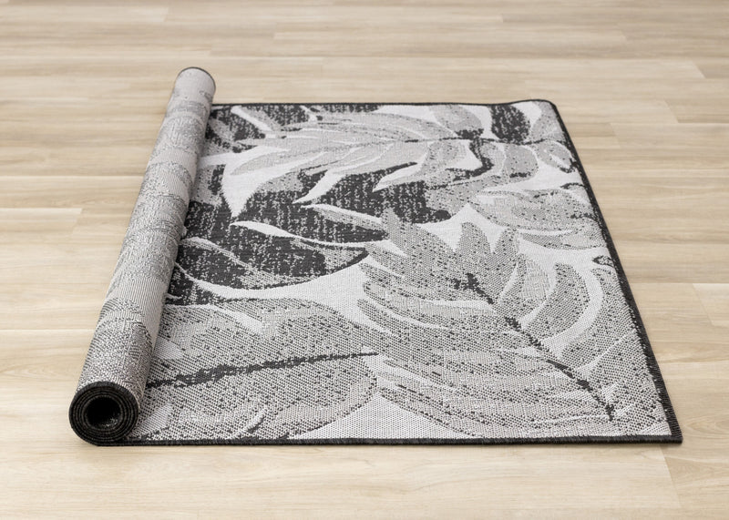 Jackson Grey White Botanical Leaves Rug, 5'3\" x 7'7\" Outdoor Area Rug
