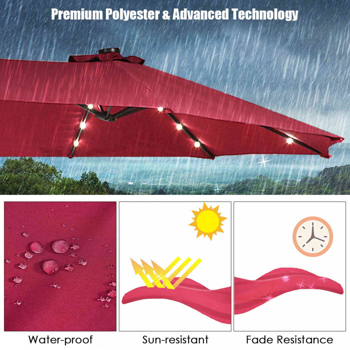Costway 15Ft Patio Double-Sided Solar LED Market Umbrella Crank Base Burgundy
