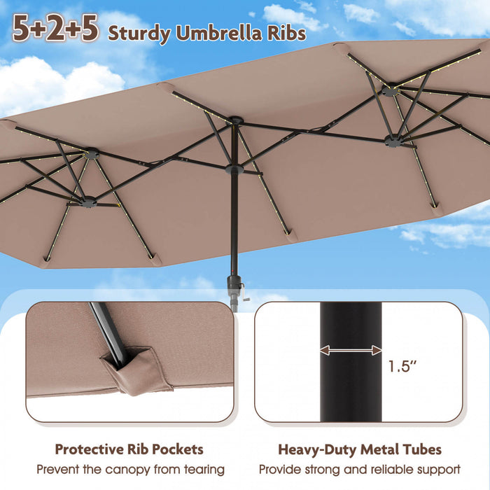 Costway 13 FT Large Patio Umbrella with LED Solar Lights Crank Handle 12 Heavy-Duty Ribs Brown