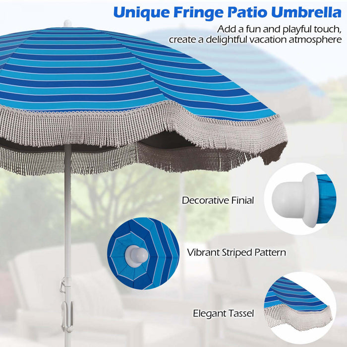 Goplus 6.5 FT Outdoor Fringe Patio Umbrella with Carrying Bag Push Button Tilt for Garden Navy