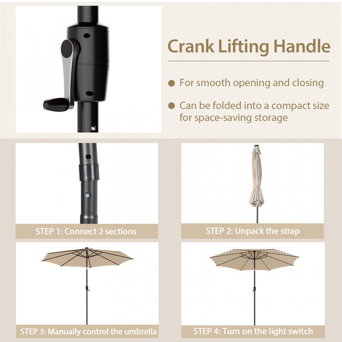 Costway 10 FT 112 LED Solar-Lighted Patio Table Market Umbrella Crank Tilt Outdoor Beige