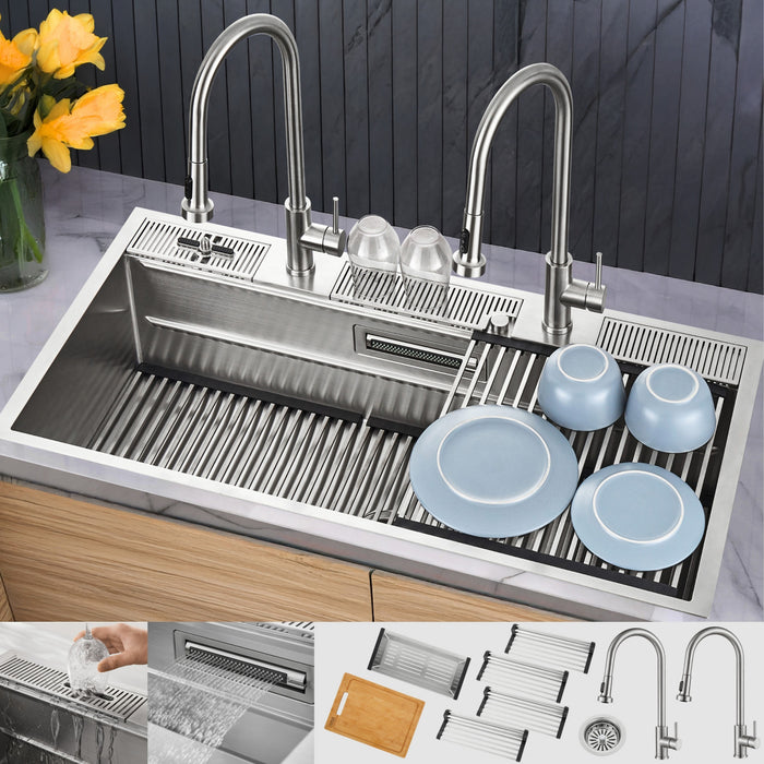 MultiSINK 45 in. Dual Mounted 3-Level Workstation Kitchen Sink, Faucets, Glass Rinser,Stainless Steel- J-WP30 Laundry Combo