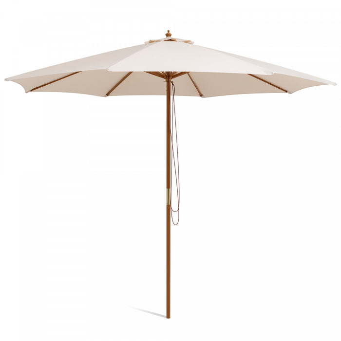 10FT Patio Wooden Market Table Umbrella Pulley w/8 Bamboo Ribs Sunshade Canopy