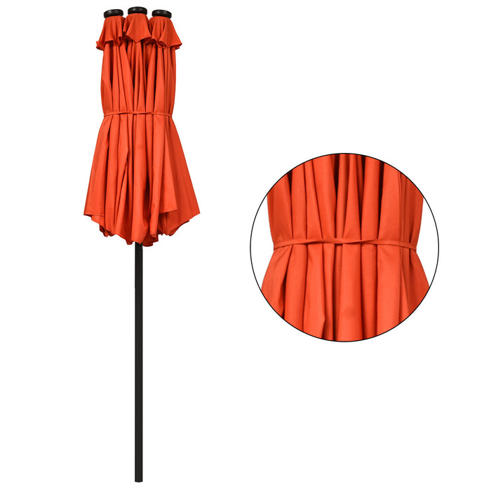 Costway 15Ft Patio Double-Sided LED Market Umbrella Crank Solar Powered Orange