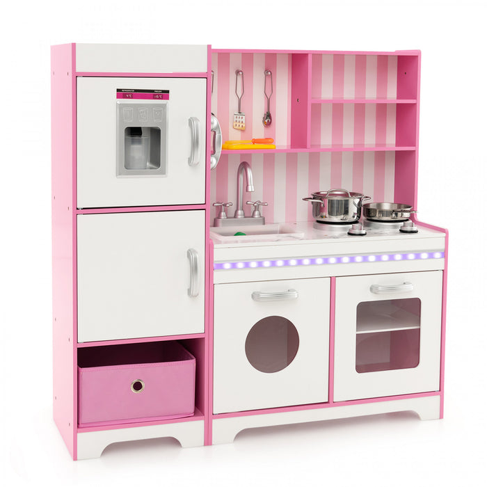 Costway Kids Kitchen Playset Wooden Toy With Adjustable Led Lights & Washing Machine