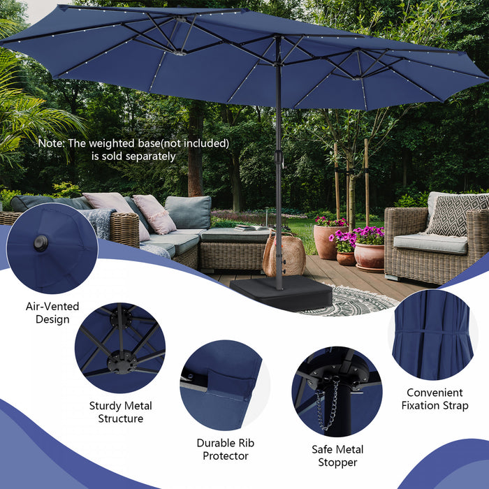 Costway 15FT Twin Patio Double-Sided Umbrella 48 Solar LED Lights Crank Outdoor Navy