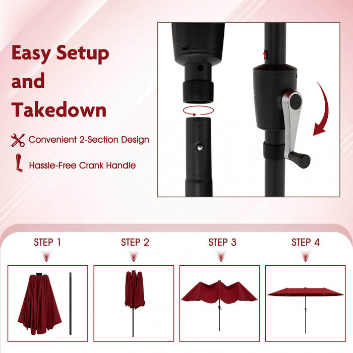 Costway 13 FT Large Patio Umbrella with LED Solar Lights Crank Handle 12 Heavy-Duty Ribs Wine