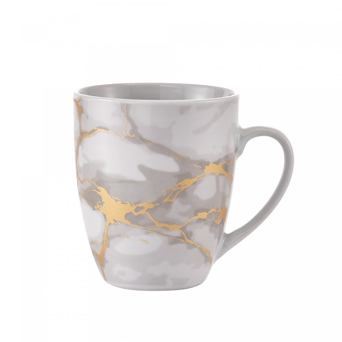 20-Piece Grey Marble Porcelain Dinnerware Set with Gold Veining & Gold Flatware