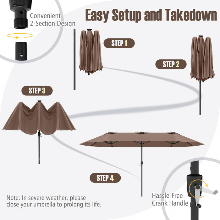 Costway 15.5 FT Extra-Large Patio Umbrella with LED Solar Lights & 12 Heavy-Duty Ribs Brown