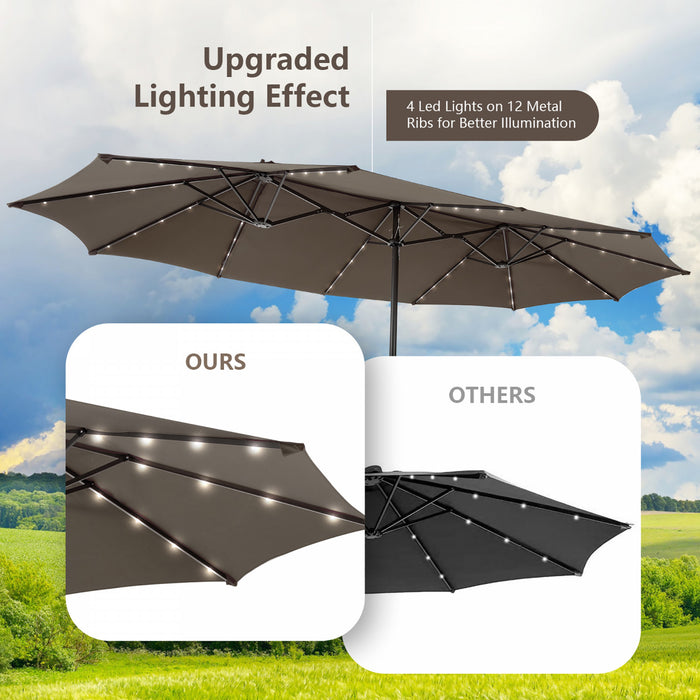 Costway 15FT Twin Patio Double-Sided Umbrella 48 Solar LED Lights Crank Outdoor Coffee