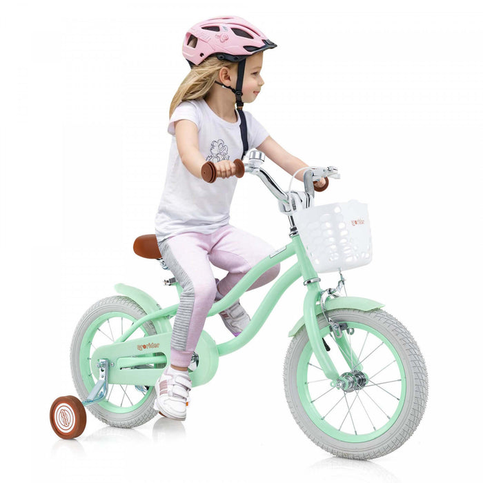 Prorider 14\" Kid's Bike With Removable Training Wheels & Basket For 3-5 Years Old Green