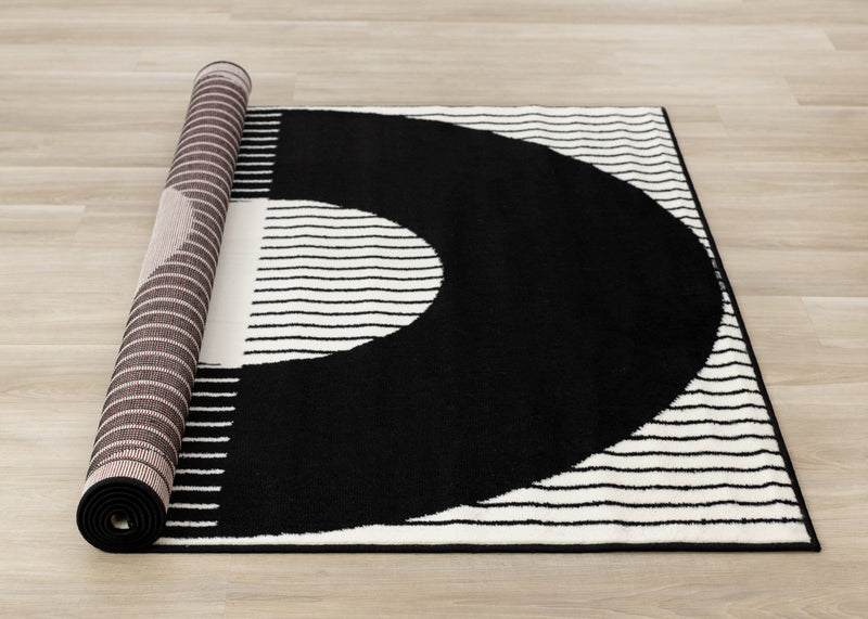 Florence Black White Stripes and Hollow Circle Modern Design, 4'7\" x 6'7\" Indoor Area Rug