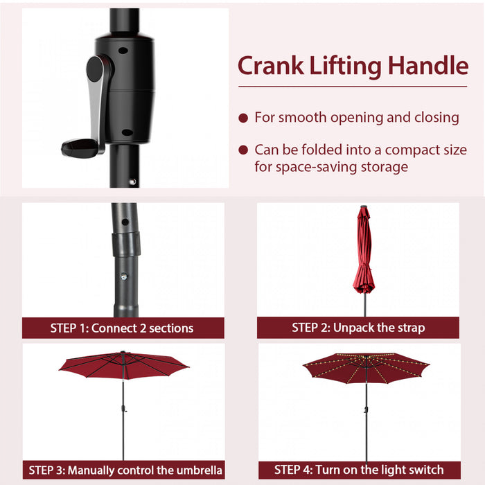 Costway 10 FT 112 LED Solar-Lighted Patio Table Market Umbrella Crank Tilt Outdoor Wine