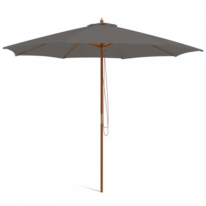 Costway 10FT Patio Wooden Market Table Umbrella Pulley with 8 Bamboo Ribs Sunshade Canopy Gray