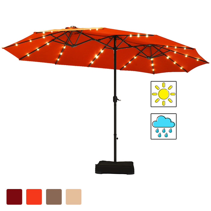 Costway 15Ft Patio Double-Sided Solar LED Market Umbrella Crank Base Orange